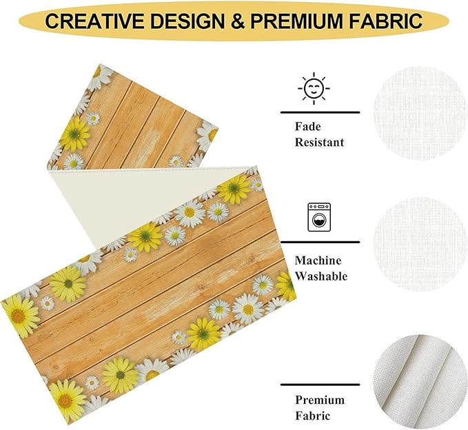 Farmhouse Floral Table Runner, Spring Seasonal Yellow Daisy Sunflower Retro - Image 4