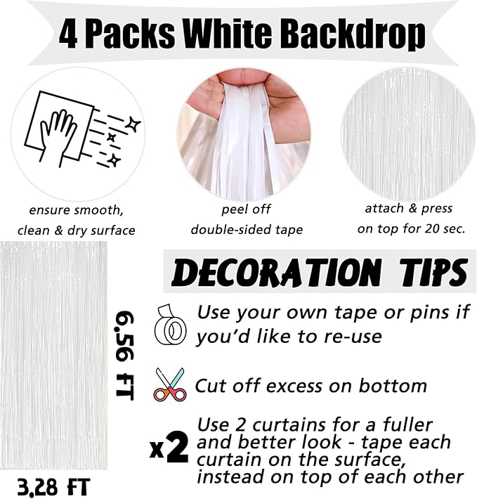 4 Pack White Fringe Curtain Backdrop, 3.2Ft x 6.6Ft Metallic Tinsel Foil Fringe - Image 2