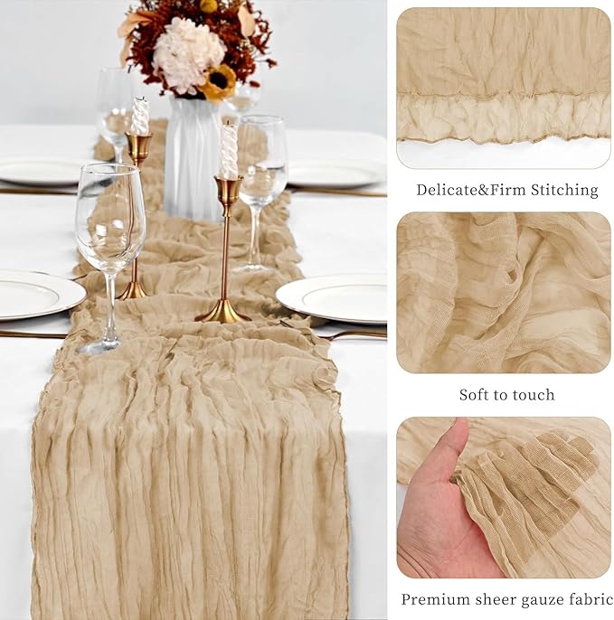 12Pcs Shallow Khaki Cheesecloth Table Runner 120 Inch10FT Champagne Rustic Boho - Image 7