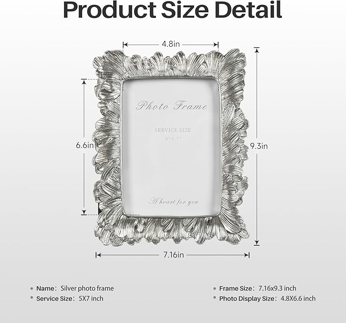 Silver 5x7 Picture Frame, Vintage Silver Palm Leaves Textured Hand-Crafted Resin - Image 6