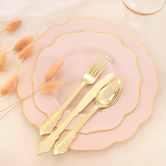 NOCCUR 175PCS Pink Plates with Gold Disposable Silverware - Image 4