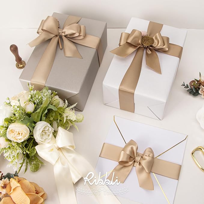 Ribbli Champagne Satin Ribbon 1-1/2 Inch x 4 Rolls Total 40 Yards-Ivory - Image 4