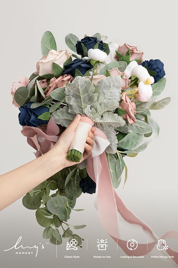 Ling's moment Dusty Rose Navy Blue Bridal Bouquet Cascading, 15 Inch Silk - Image 2