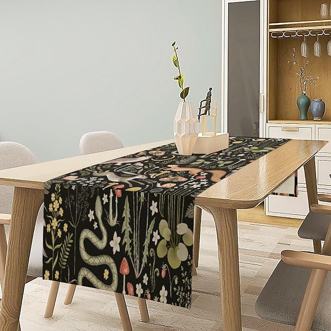 Mushroom Table Runner, Vintage Boho Forest Wild Animal Wildflower Botanical - Image 6