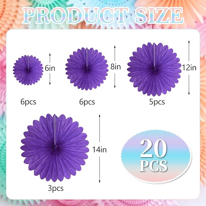 20 Pcs Purple Hanging Paper Fan, Round Paper Fans Decorations Set - Image 2