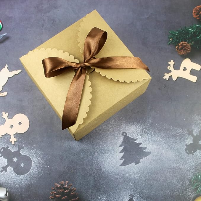 8"x 8"x 4" Kraft Gift Box with Lids and Ribbons, 6 Pack Foldable Brown Paper - Image 5