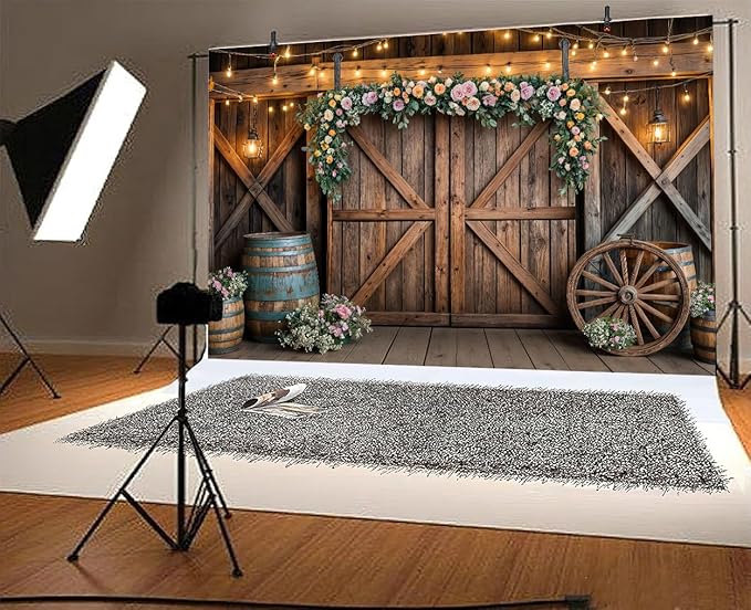 9x6ft Country Wedding Photography Backdrop Rustic Barn Door Photography - Image 5