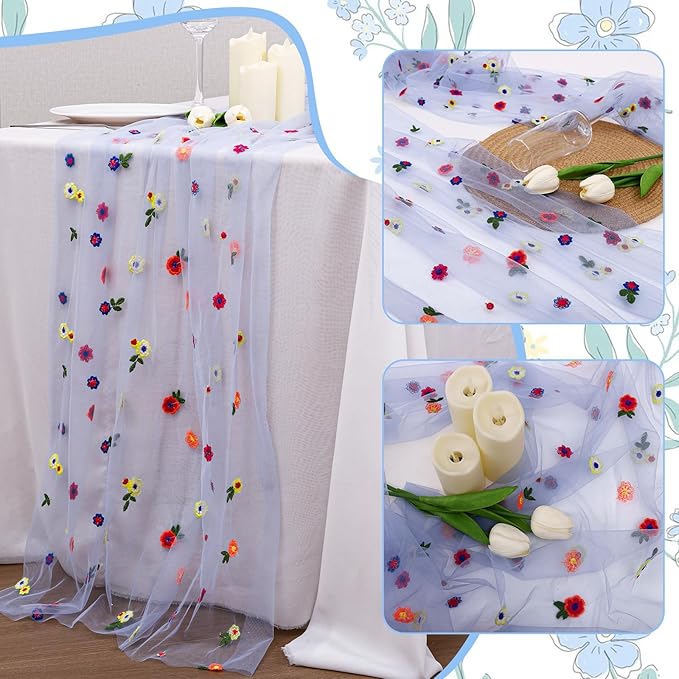 BINBE 3pcs Daisy Fall Table Runner Embroidery Gauze 10FT Florals Seasonal Tulle - Image 5