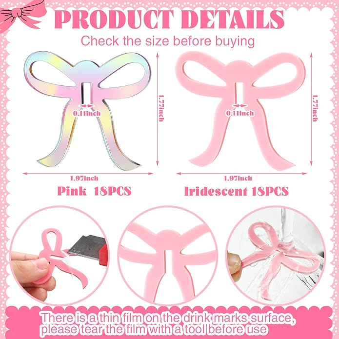 36 Pcs Bow Drink Markers Acrylic Drink Tags Bowknot Wine Glass Charms - Image 5