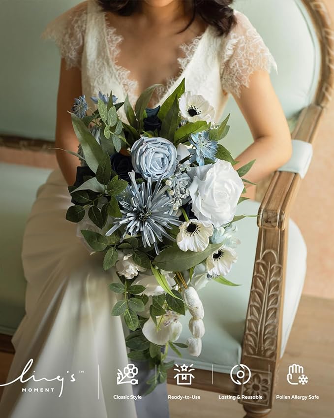 Ling's moment Dusty Blue Bridal Bouquet Cascading, Wedding Bouquets - Image 3