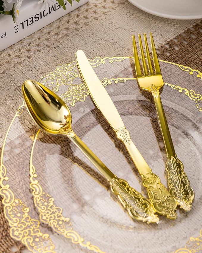 Goodluck 350 Piece Clear Gold Plastic Dinnerware Set - Image 2