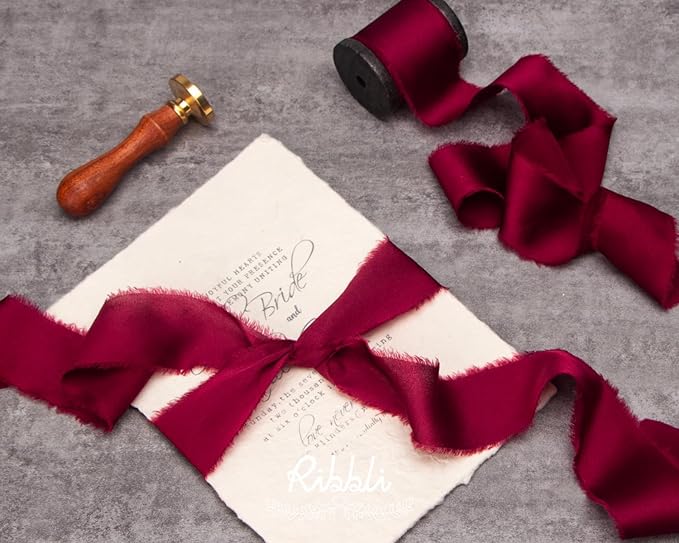 Ribbli Burgundy Silk Satin Ribbon 1.5 Inch x 12 Yard Handmade Frayed Chiffon - Image 3