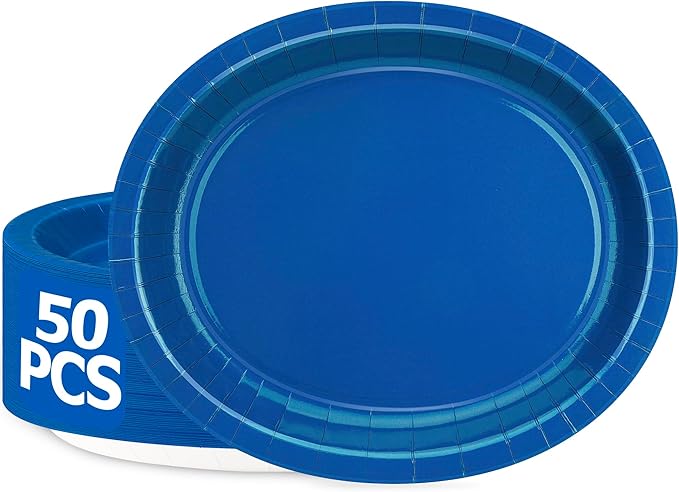 QZYL 50 Count Blue Oval Large Paper Plates, 12.2'' X 10.2'', Bulk Dinner Plates by QZYL