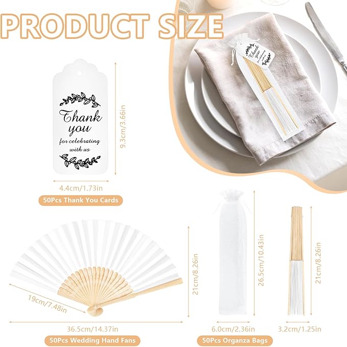 50Set Wedding Hand Fans Party Favors White Paper Folding Handheld Fans Bulk - Image 2