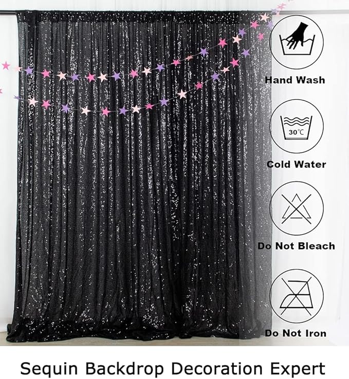 ShinyBeauty 2Pcs 5FTx10FT Black Sequin Backdrop Curtain | Glitter Wedding & - Image 6