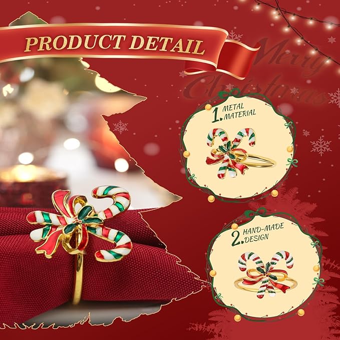 KPOSIYA 12PCS Christmas Napkin Rings Set of 6 and 6pcs Red Napkins Cloth - Image 3
