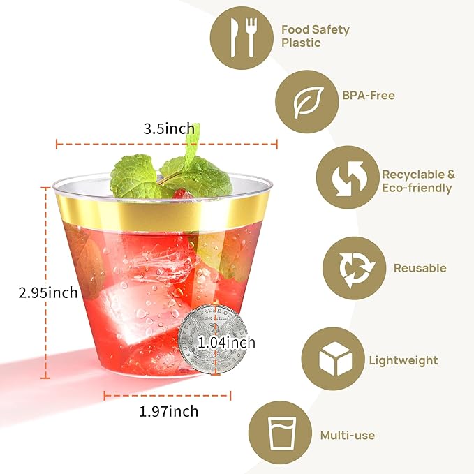 9oz Clear Plastic Cups with Gold Rimmed Sturdy & Food Safe Disposable Wine - Image 4
