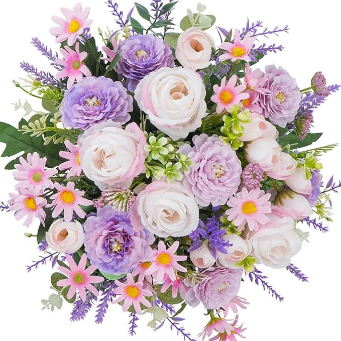 Fake Flowers Purple Artificial Silk Flower Bouquet Faux Flowers by HOENLE
