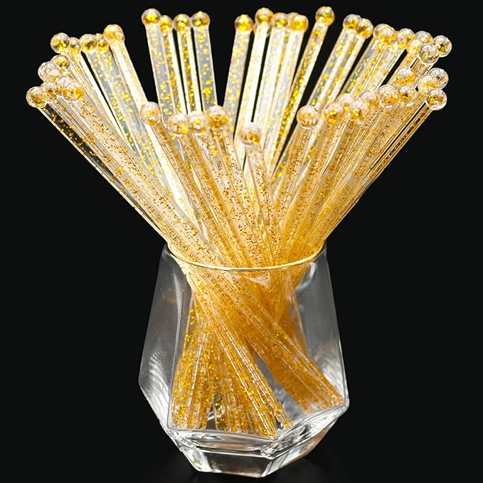 100-PCS Gold Glitter Plastic Swizzle Sticks, Crystal Cake Pops, Cocktail Coffee by hapray