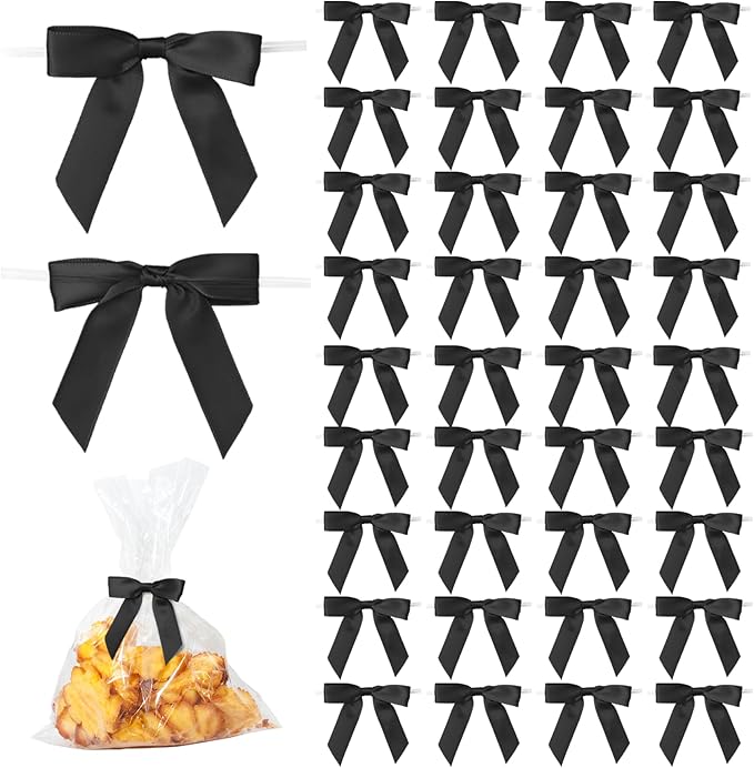 50Pcs Black Twist Tie Bows for Gift Wrapping 2.5" Satin Ribbon Bow for Treat by TULOBI