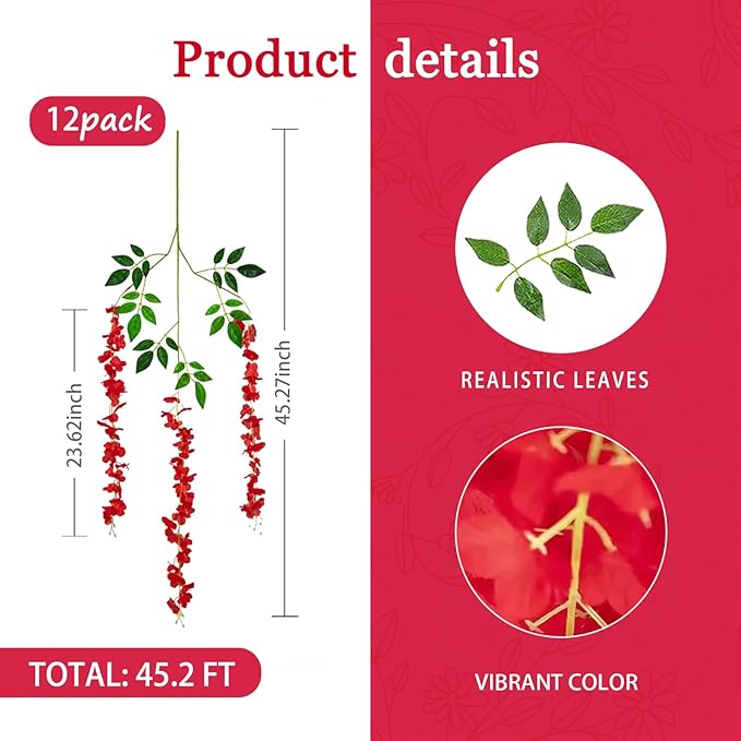 12 Pack Red Wisteria Hanging Flowers Garland, 3.77 Feet Artificial Flower Vines - Image 2