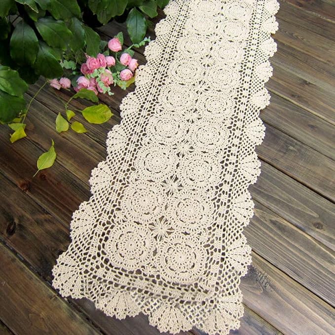 KEPSWET Cotton Handmade Crochet Lace Table Runner Beige Rectangle Coffee Table - Image 2