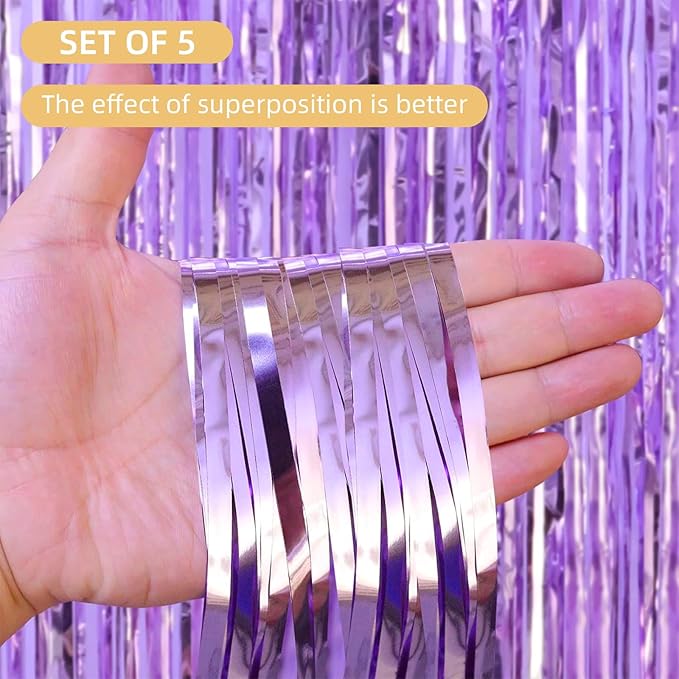 5 Pack Purple Foil Curtain Backdrop 3.2ft x 8.2ft Tinsel Foil Fringe Curtains - Image 2