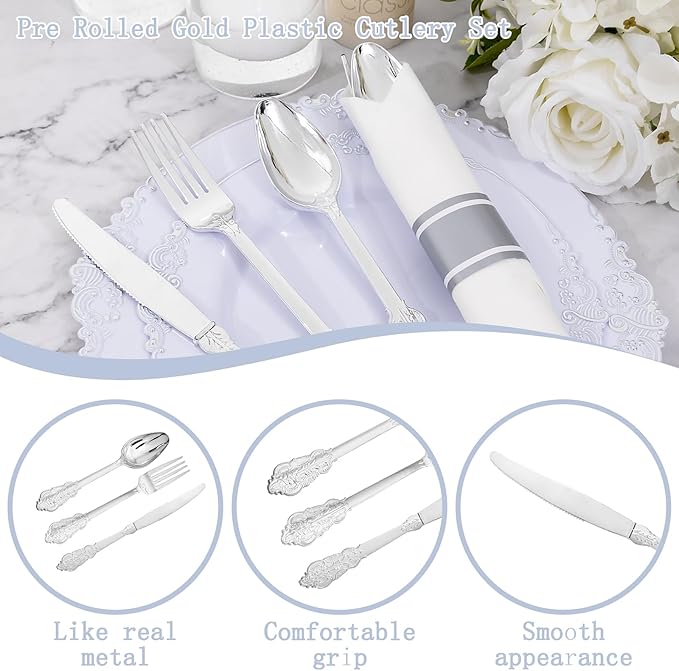 400PCS Pre Rolled Silver Plastic Silverware Sets - Image 4