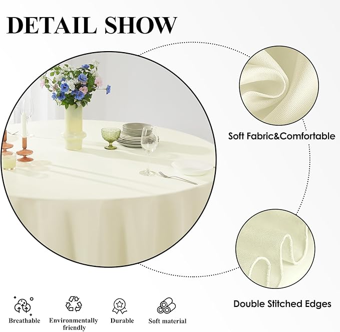 Round Tablecloth 2 Pack 108 Inch Ivory Tablecloths Washable Decorative Linen - Image 4