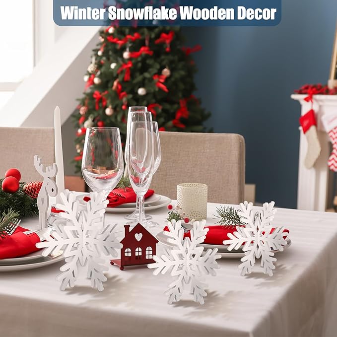 Qunclay 20 Pcs Wooden Snowflake Decorations 3D Snowflake Tabletop Decor - Image 3