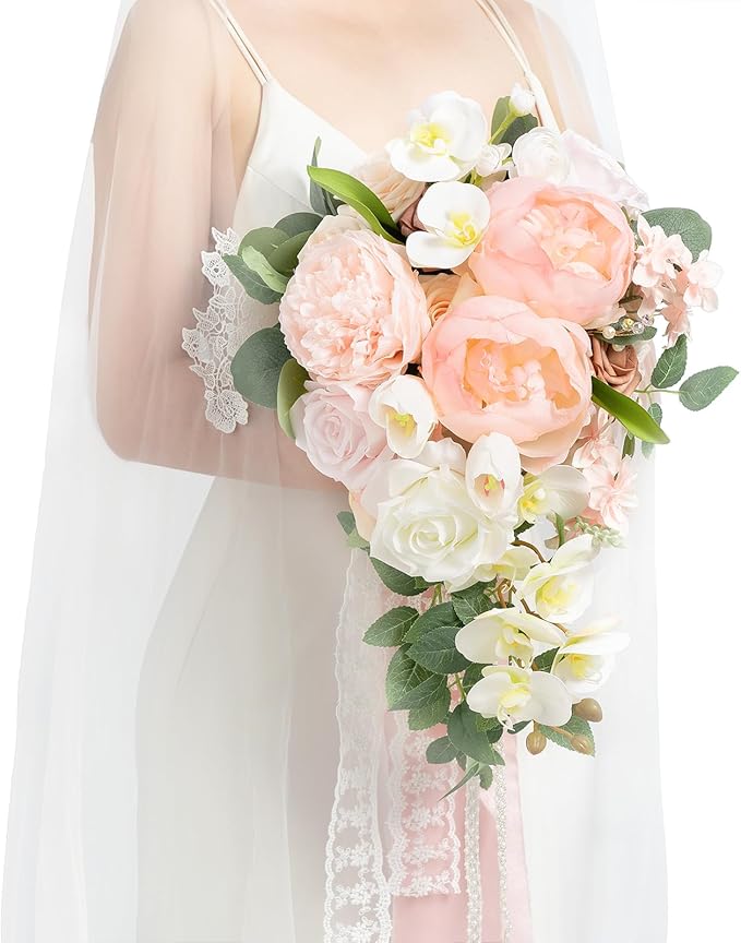 Ling's Moment Blush Bridal Bouquet Cascading, 13 Inch Bride Bouquets by LingsMoment