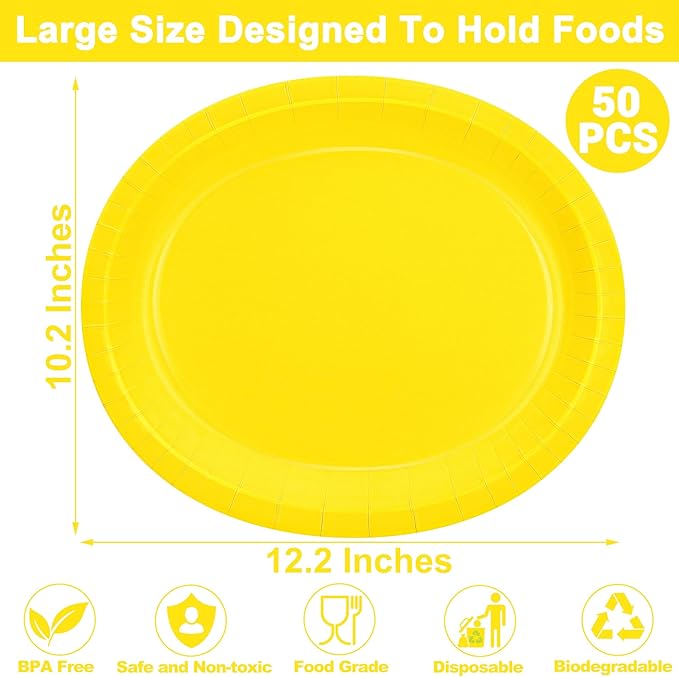 50 Pcs Party Decorations, 12.2'' X 10.2'' Oval Large Paper Plates, Heavy Duty - Image 2