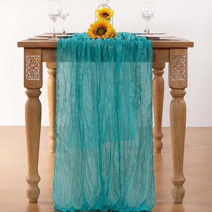 Teal Green Cheesecloth Table Runner Fall Table Runner Boho Gauze 120 Inches - Image 4