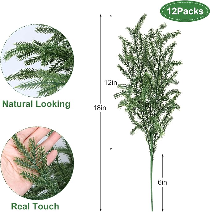 12 Pcs Christmas Norfolk Pine Branches, Artificial Pine Christmas Stems Real - Image 5