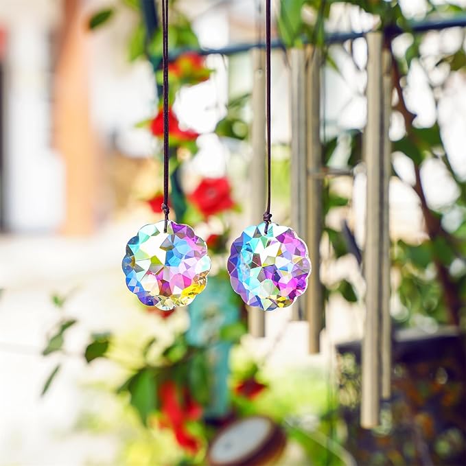 HDCRYSTALGIFTS Set 2 AB Color Crystal Suncatcher Datura Shaped Pendant Rainbow - Image 5