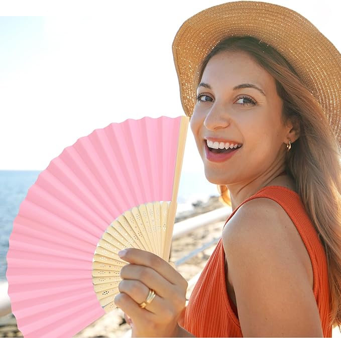 12 Pieces Pink Hand Held Bamboo Folding Fans Paper Fans Handheld - Image 7