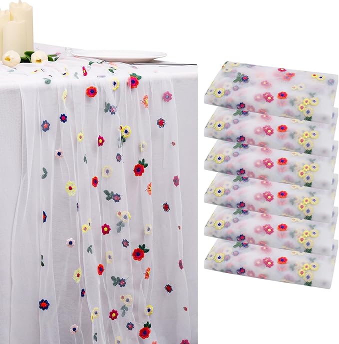 BINBE 6pcs Ivory Daisy Fall Table Runner Embroidery Gauze 10FT Florals Seasonal by BINBE