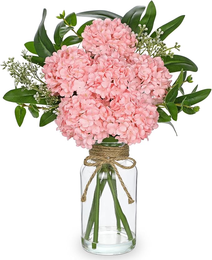Hollyone Pink Hydrangea Artificial Flowers in Clear Glass Vase by Hollyone