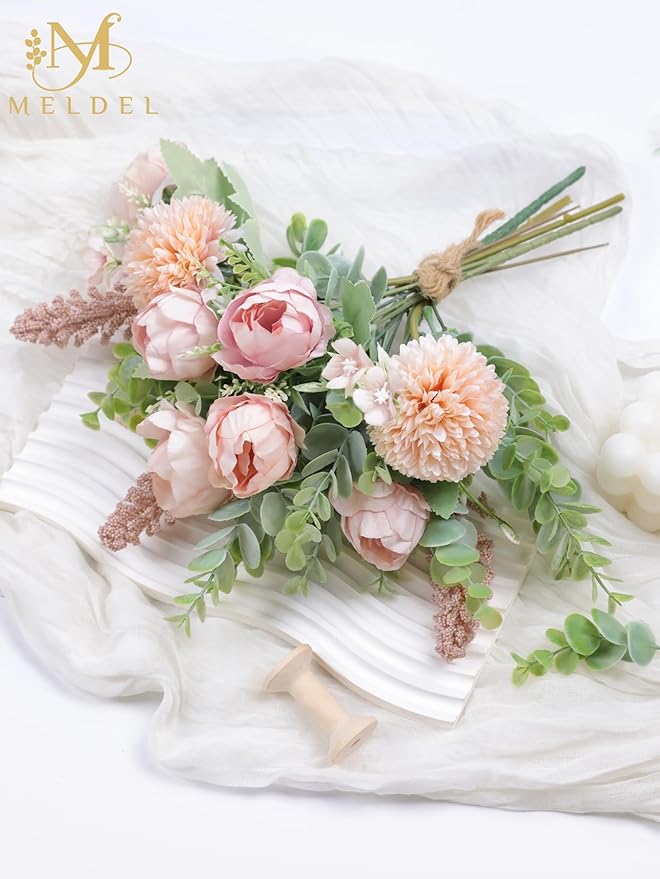 Meldel 3Pcs Peony Bouquet Light Pink Champagne Rose Artificial Flowers - Image 2