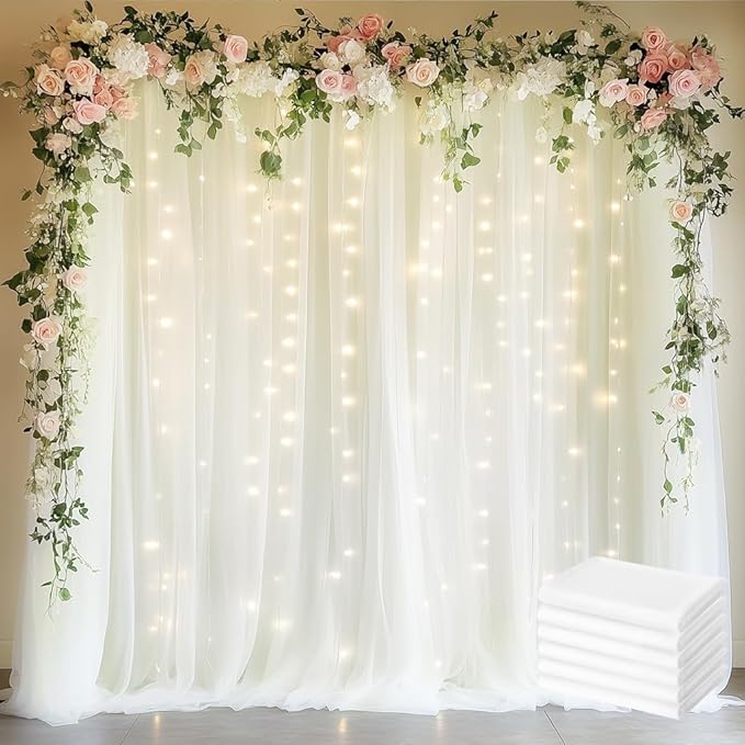 Fomcet Tulle Backdrop Curtains Ivory 30FT X 8FT Tulle Curtains by Fomcet