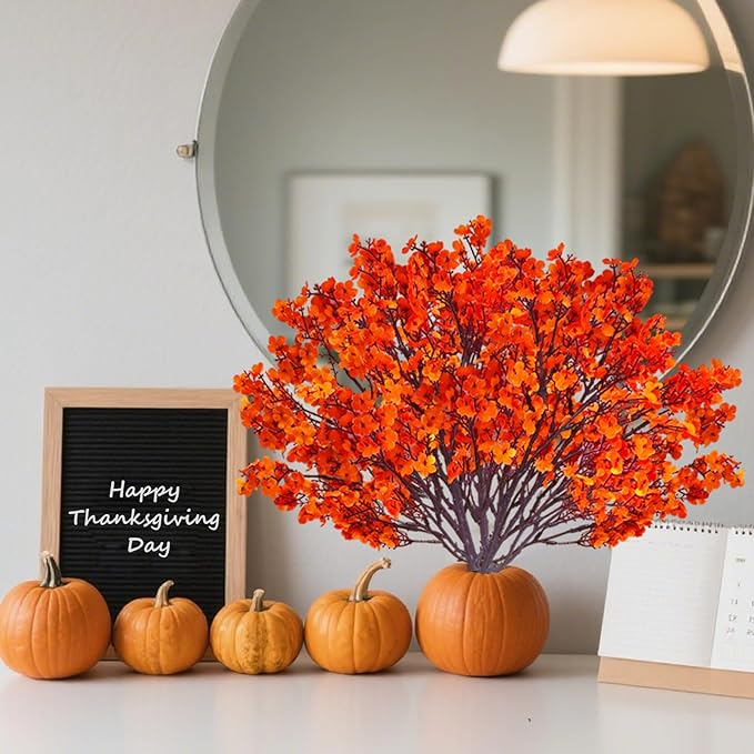 12PCS Fake Fall Flowers Orange Baby Breath Artificial Flowers Real Touch Silk - Image 6