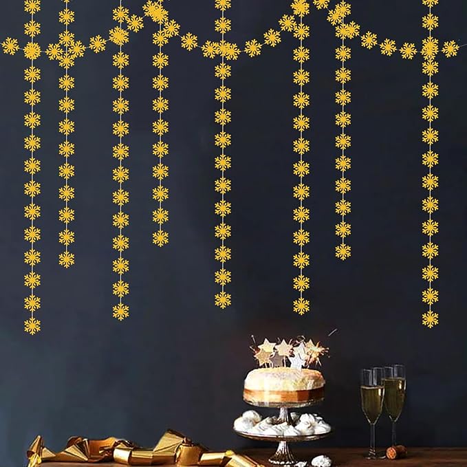 Snowflake-Snow Gold Christmas Party-Decoration Garland - 52ft Winter Wonderland - Image 7