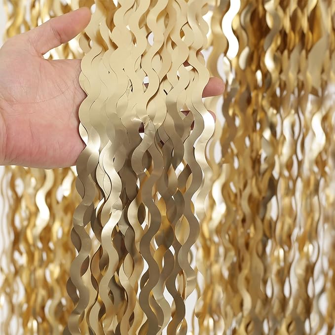 4 Pack Wavy Champagne Gold Metallic Tinsel Foil Fringe Curtains Backdrop - Image 2