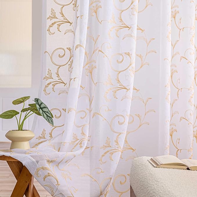 Sheer Curtains White-Beige 45 Inch Length Floral Embroidery Vintage Rod Pocket by MYSTIC-HOME
