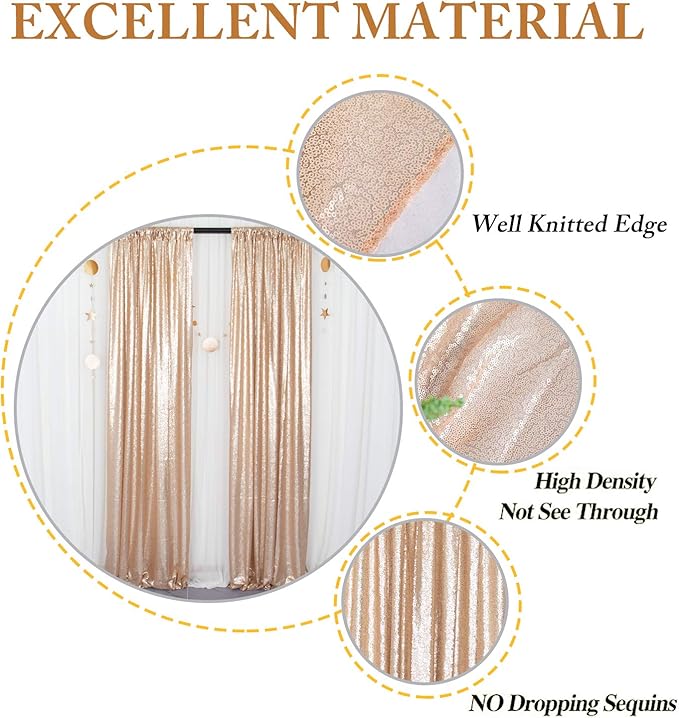 ShinyBeauty Champagne Backdrops 2 Pieces Sequin Curtains 4FTx7FT Photograph - Image 3