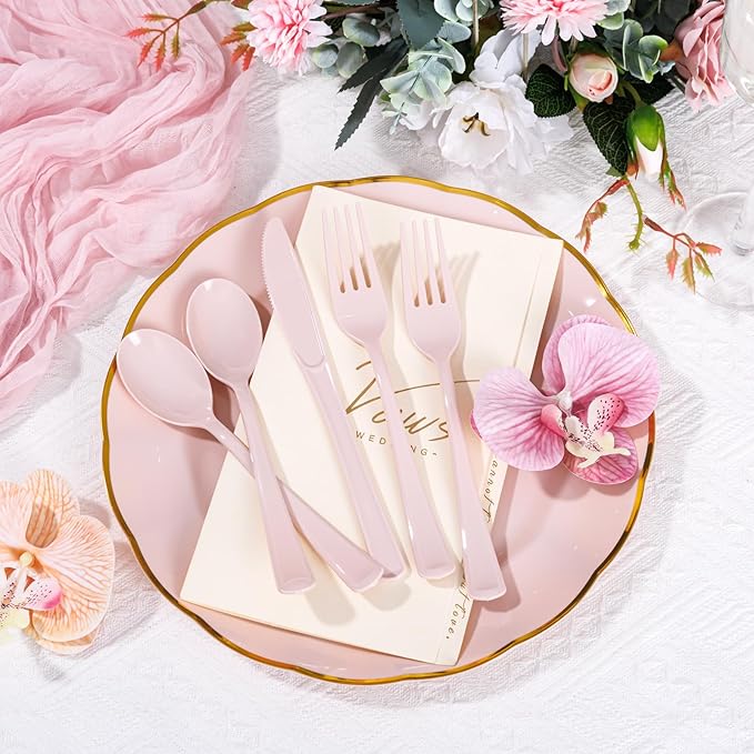 Supernal 300 Pieces Pink Plastic Silverware Heavy Duty Disposable Silverware - Image 8