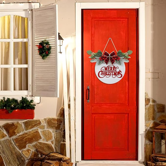 CHDITB Cute Merry Christmas Wooden Front Door Wreath, Farmhouse 3D Christmas - Image 7