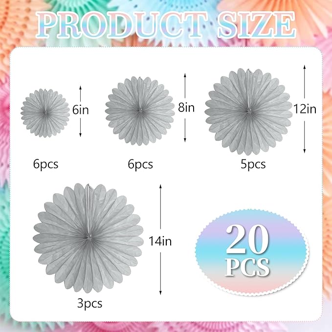 20 Pcs Silver Gray Hanging Paper Fan, Round Paper Fans Decorations Set - Image 2