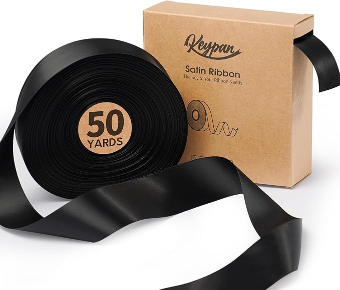 Black Satin Ribbon 1-1/2 Inch x 50 Yards Double-Faced Polyester Hair Ribbons by Keypan