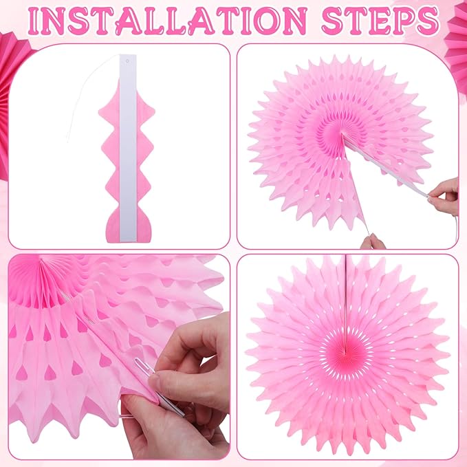 Outus 12 Pcs Hanging Honeycomb Paper Fans Sets, Fiesta Hot Pink Party - Image 3